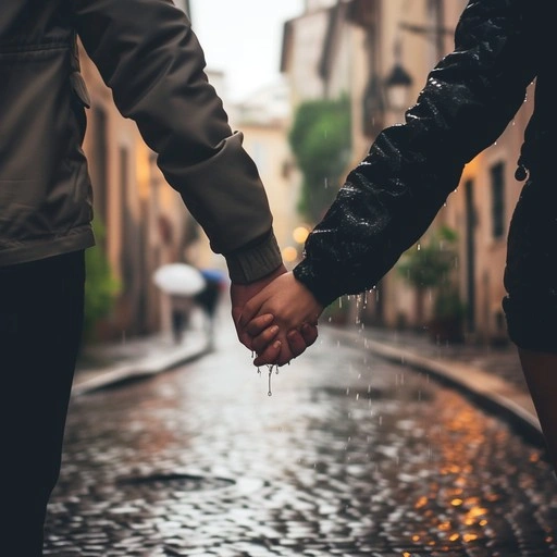 Two people holding hands, gentle rain, romantic and supportive