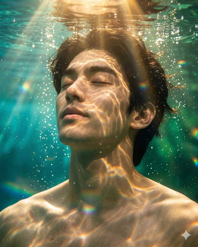 Dreamy man looking introspective by water, ethereal aesthetic