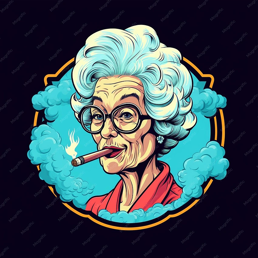 Exaggerated caricature of a formidable grandmother smoking