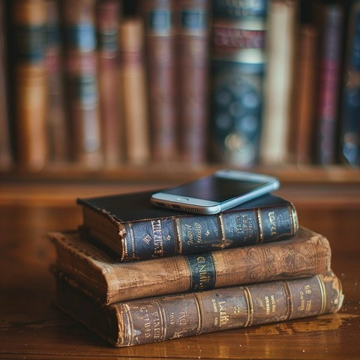 Stack of old YA novels with a modern smartphone next to it