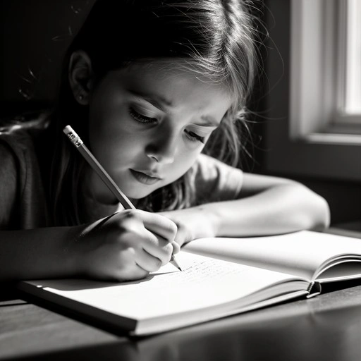 Teenager furiously writing in a diary with dramatic lighting