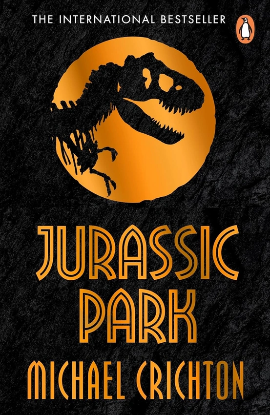 Ominous book cover, Jurassic Park novel, dark jungle aesthetic.