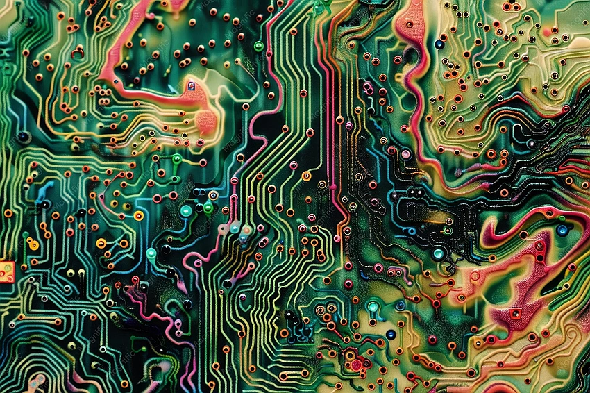 Complex circuit board, abstract glitch art, chaotic systems diagram, glitching code.