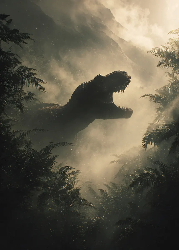 Dark silhouette of T-Rex in jungle, dramatic lighting.