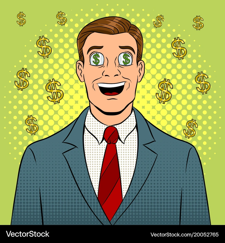 Corporate greed, businessman with dollar signs in eyes, satirical tech CEO.
