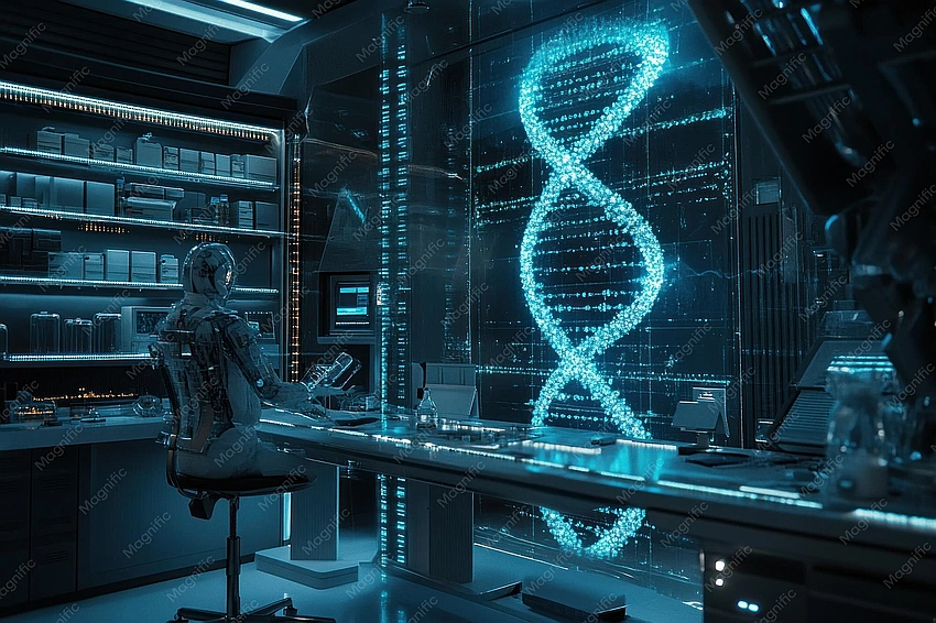 Futuristic lab, genetic engineering, glowing DNA strand, chaotic digital interface.