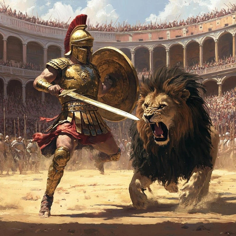 Roman gladiator vs lion artwork