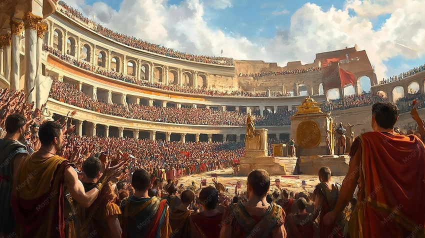 Roman crowd cheering in colosseum illustration
