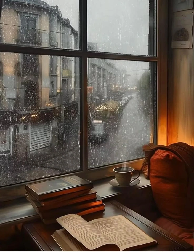 Cozy library rainy window aesthetic