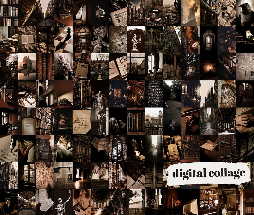 Dark academia aesthetic vintage book cover collage