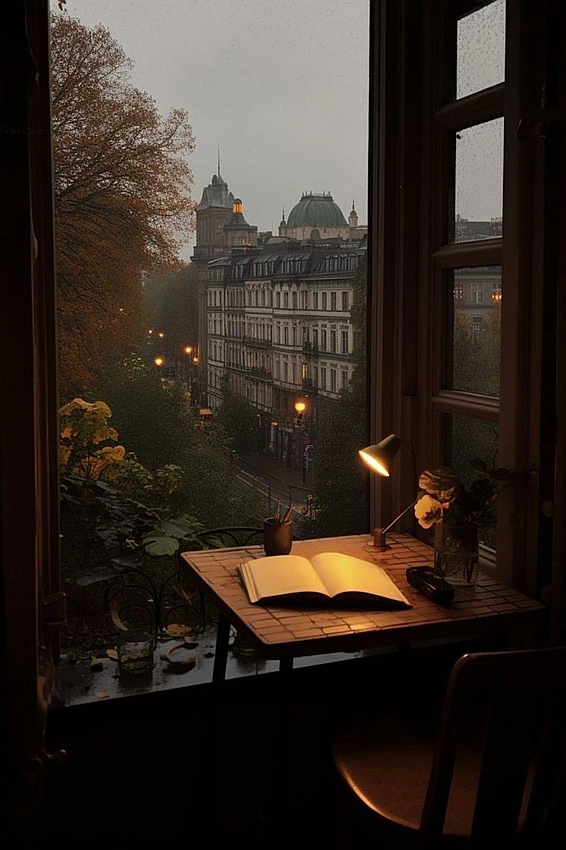 Dark academia student studying rainy day night