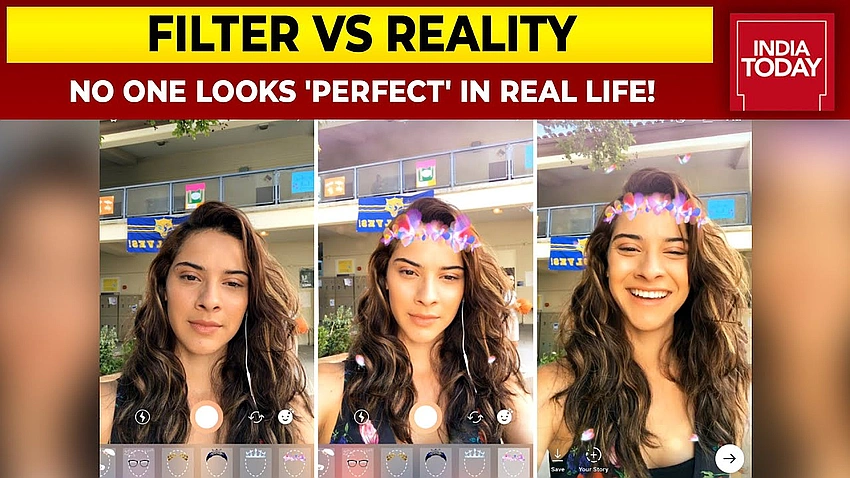 woman thoughtfully looking at phone, filter vs real