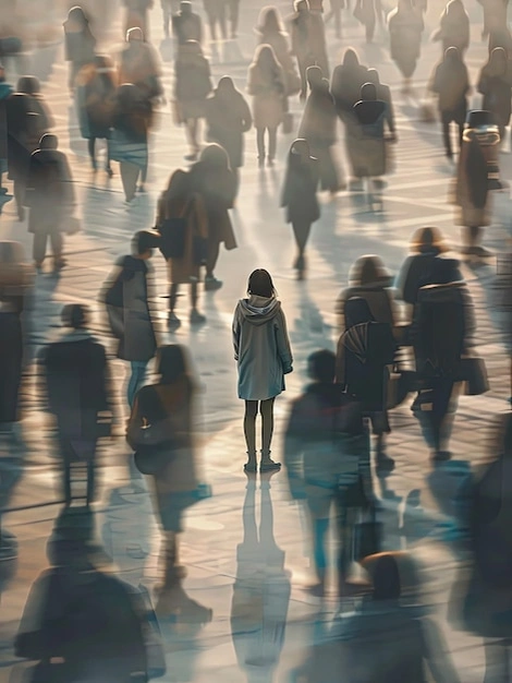 Woman looking bored alone, person overthinking text, scanning a crowd