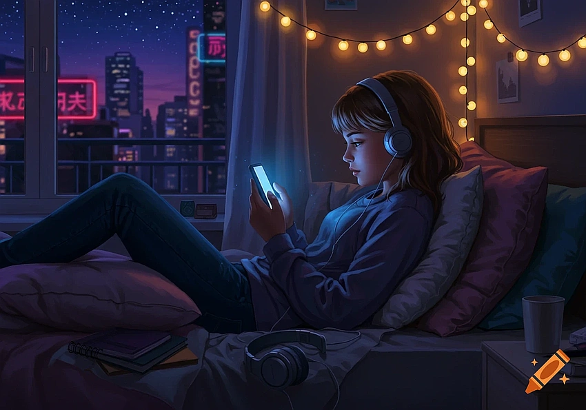 Teenager daydreaming, girl looking at phone, romantic fantasy