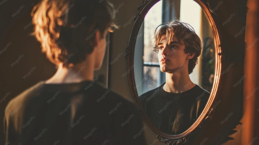 'Teenager contemplating, looking in a mirror reflecting thoughts'