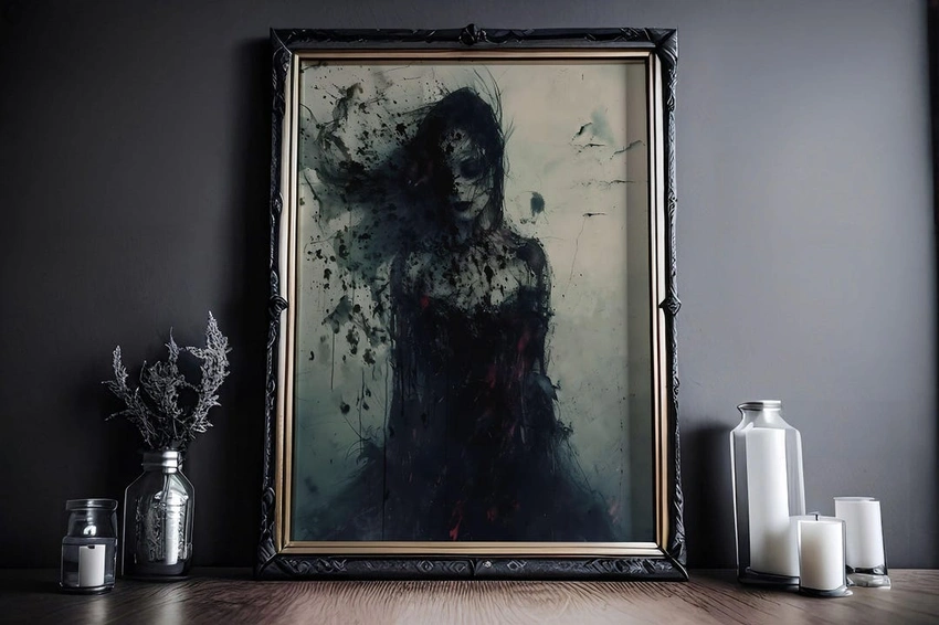 Distorted portrait, decaying painting, horror gothic art