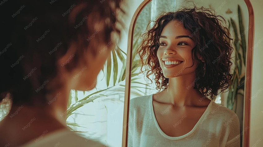 Woman confidently smiling, looking empowered
Cover image search term: Pexels photo of a person looking reflective by a window, warm tones