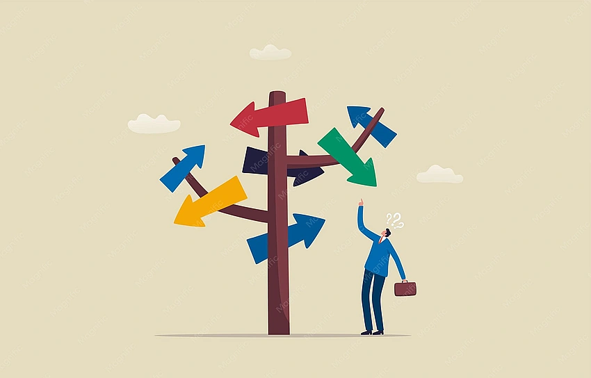 Entrepreneur contemplating business choices, crossroads decision