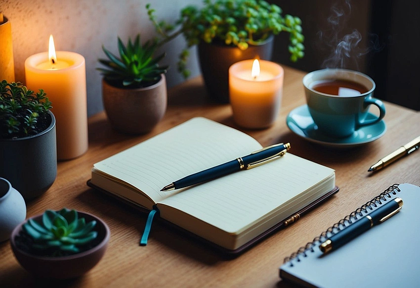 Journal with pen, self-care items, warm lighting