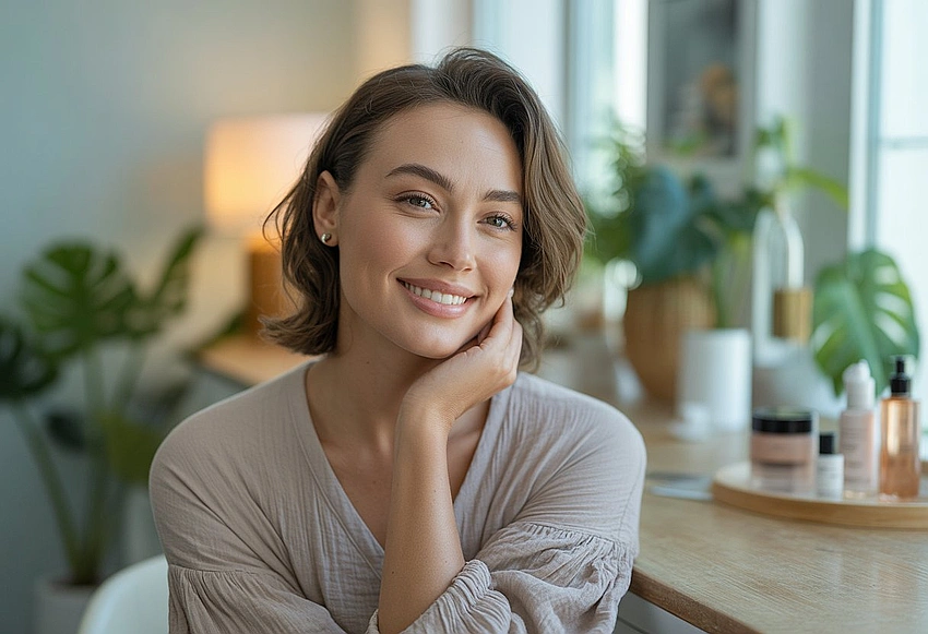 confident woman smiling brightly, self-care glow
