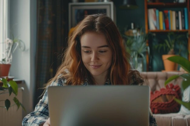 woman studying happily with a laptop, personal growth journey