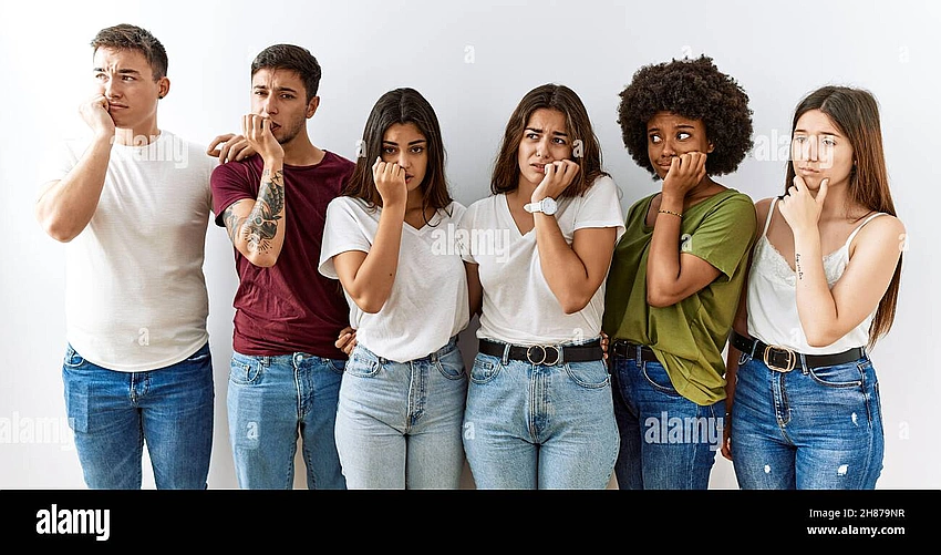 Group of friends, one looking hesitant, person nodding excessively