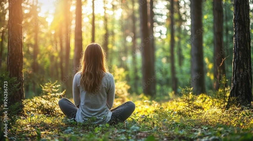 Teen meditating outdoors, digital detox forest