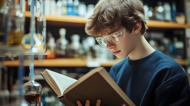 Teen looking curious at a science book, discovering new knowledge