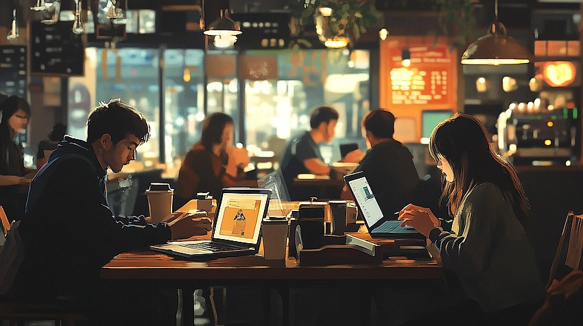 Teen studying in a cozy coffee shop, small productivity wins