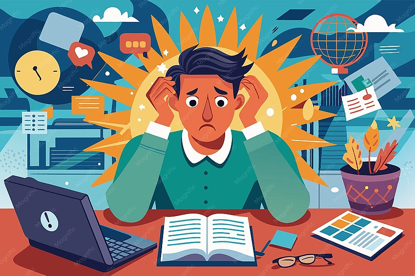 Overwhelmed teen at desk, academic burnout illustration