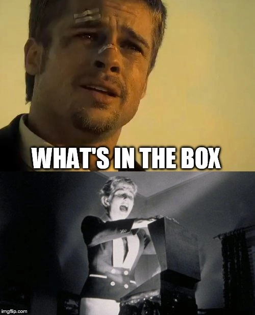 Brad Pitt's horrified face, 'Se7en' climax, "What's in the box" meme