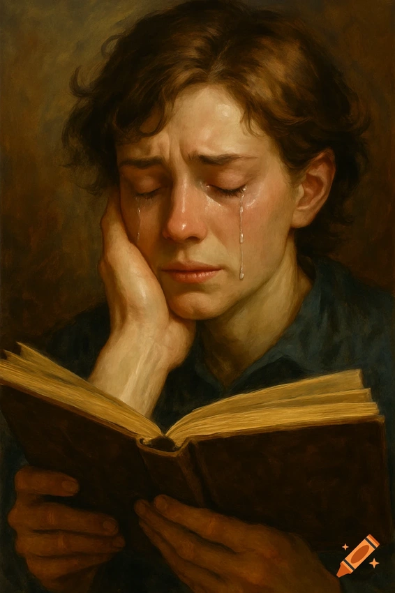 A person crying while holding a book, melancholic lighting.