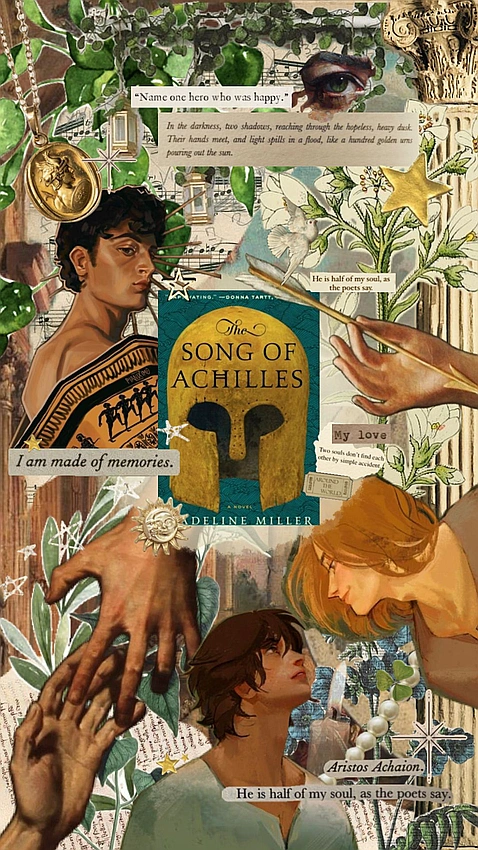 TikTok feed showing BookTok videos, 'The Song of Achilles' fan art overlay.