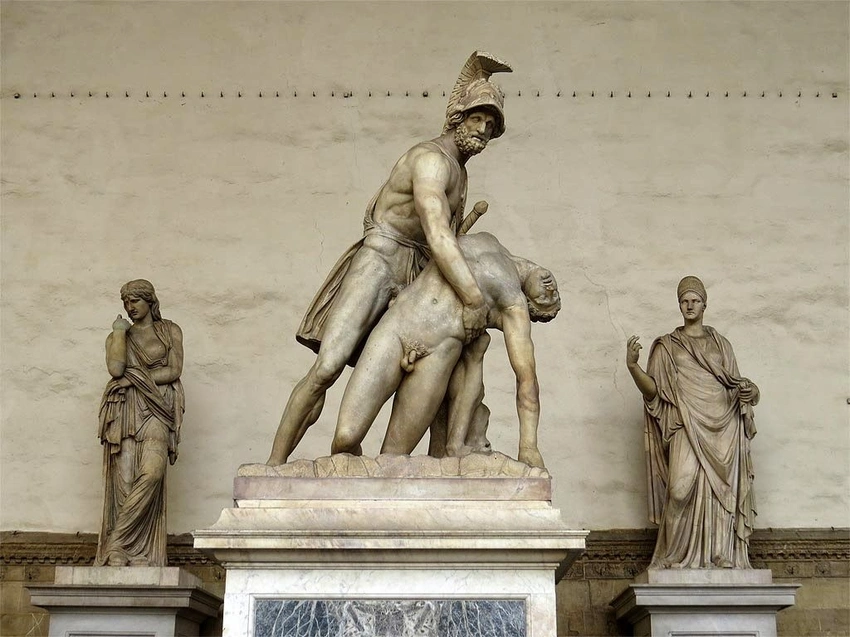 Ancient Greek art depicting Achilles and Patroclus together, tender.
