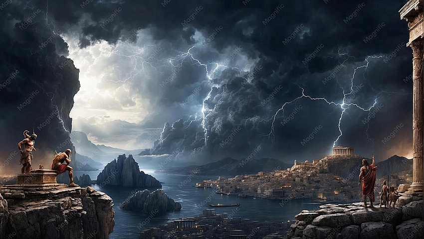 Stormy ancient Greek landscape, two figures holding hands.
