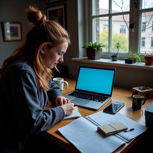 Person writing a story, thoughtful content creation, focused work