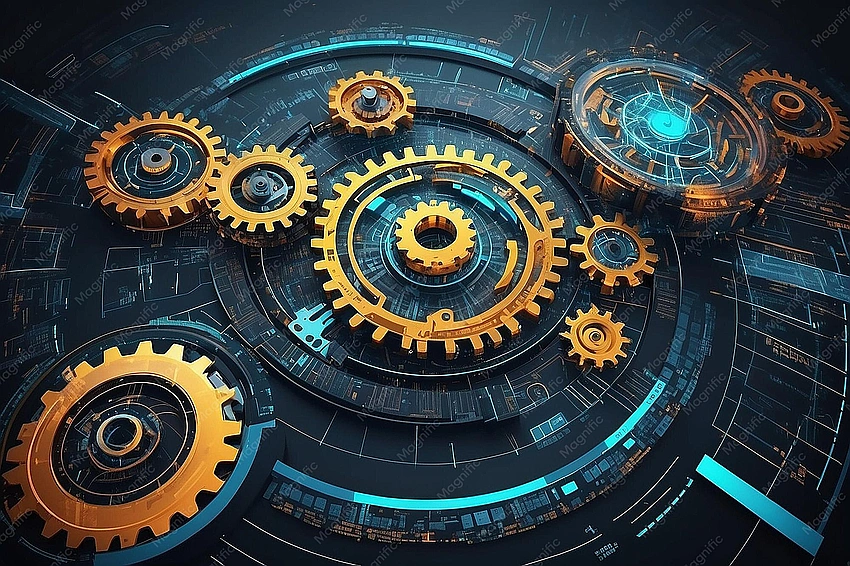 Algorithm gears turning, data flow, conscious digital strategy