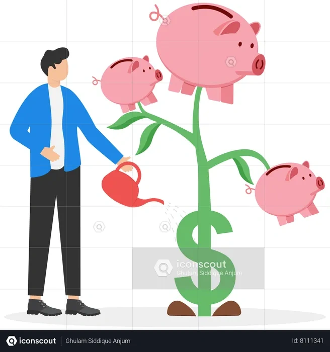 Person looking thoughtfully at a piggy bank, money growing plant illustration