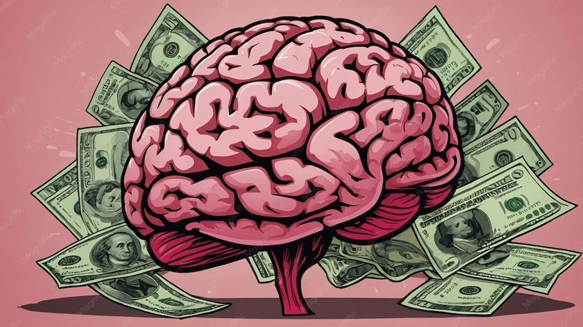 Brain exploding cartoon, confused person with money