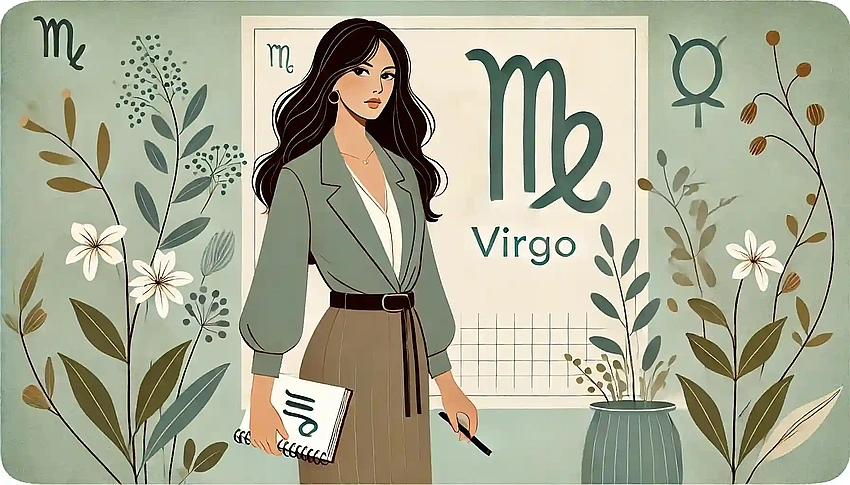 Virgo woman thinking, sophisticated woman, organized desk