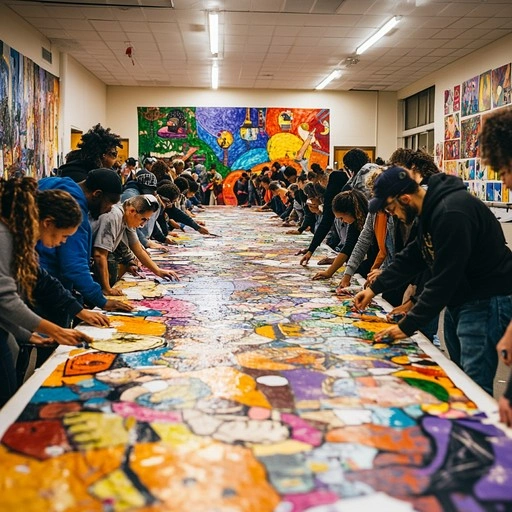 Diverse community engaged in collaborative art project