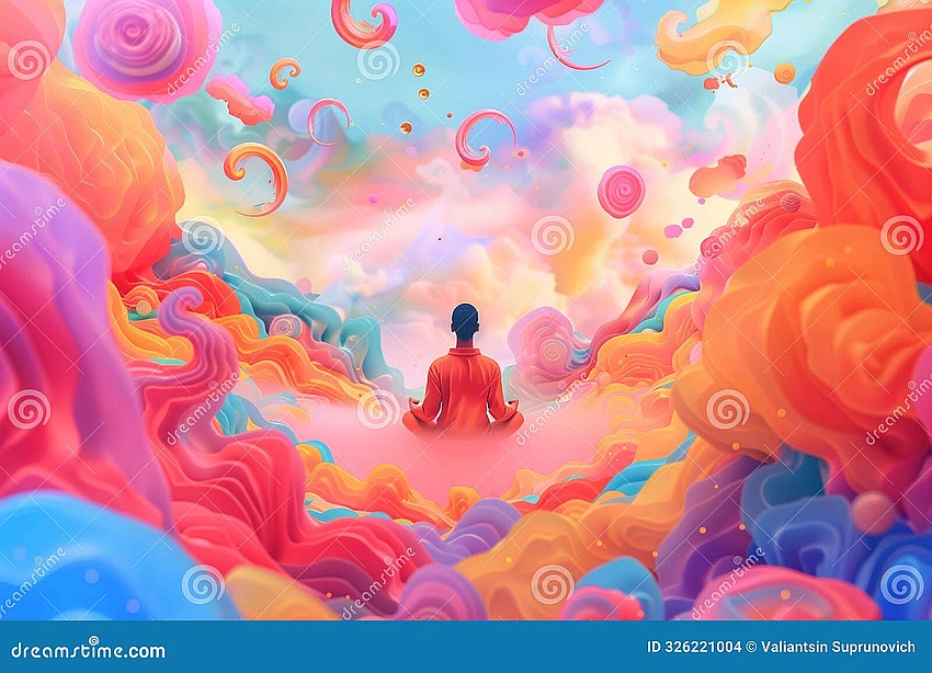 Person meditating in a vibrant, creative space, abstract