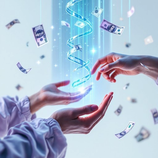 Digital currency flowing into hands, abstract concept