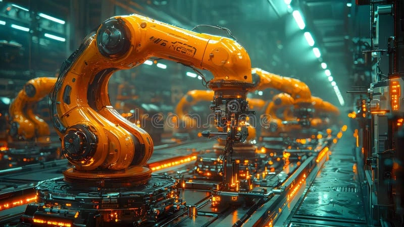 Futuristic factory robots with glowing circuits