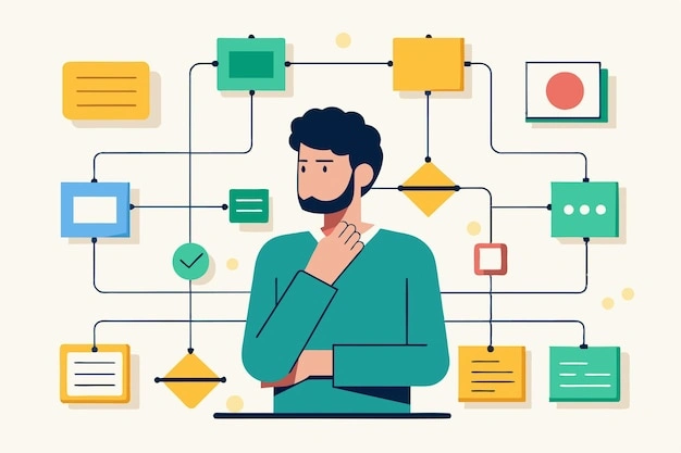 Person thoughtfully looking at a complex flowchart, resources diagram, professional development.