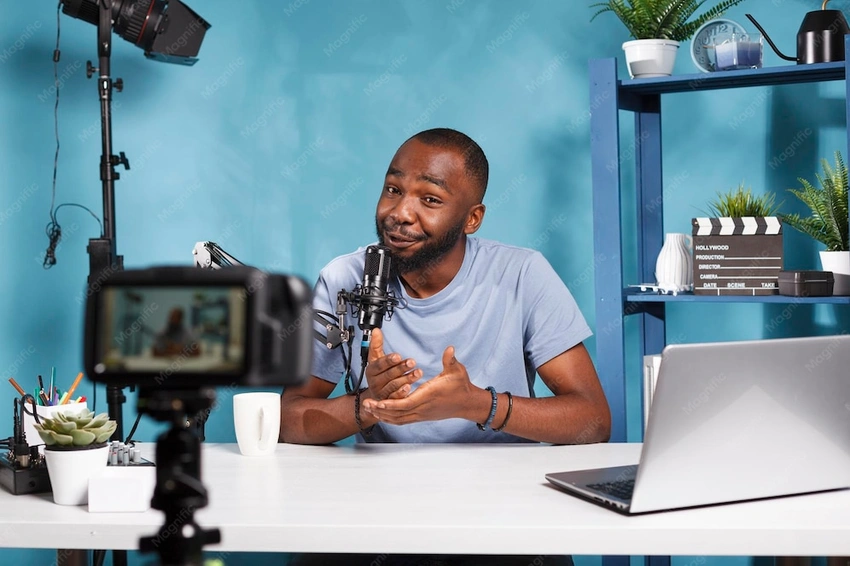 Creator filming in a modern office, person making a video with a phone, professional vlogging.