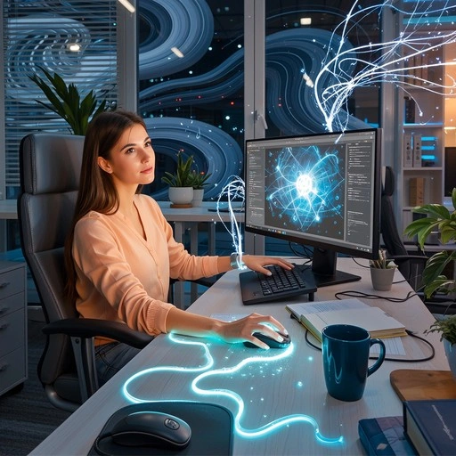 Professional woman on laptop with glowing aura, creative office environment.