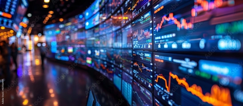 Energetic trading floor, screens displaying financial data, blurred motion