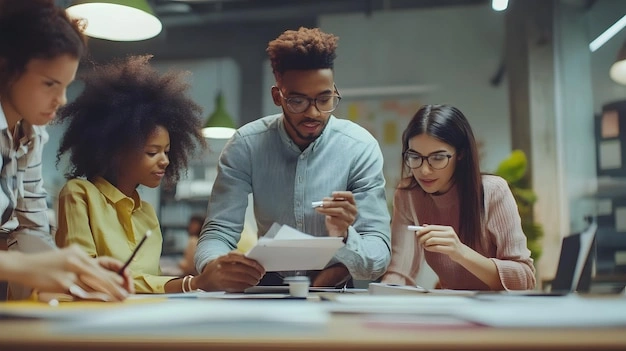 Young diverse professionals collaborating on a financial report, modern office