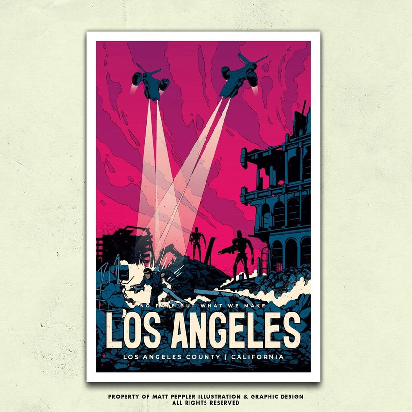 80s movie posters Terminator, retro future LA skyline